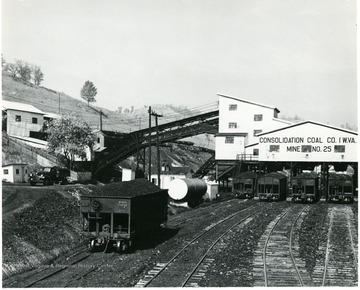 Coal cars line up at Consolidation Coal Co. (W. Va.), mine no. 25 tipple.