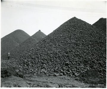 A man stands beside large piles of coal.