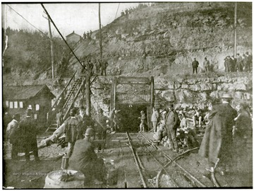 Men stand near the mine entrance at Monongah before it was closed off.