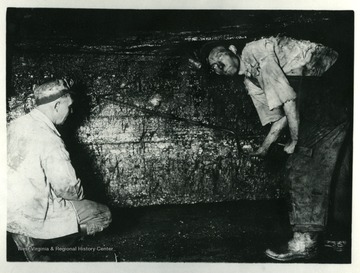 'White Oak preparation begins when the machine leaves and the miner is ready to shoot down his coal. The shooting inspector on the left has not only located the hole for the miner to drill, but instructed him as to what angle he must bore his hole to contain the necessary explosive used in dislodging the coal from the seam. The kerf made by the cutting machine is plaining visible in this picture and you will note the cuttings of bug dust have been removed before the coal is shot. The length of the auger used by the miner and the width of the bit which determines the size of the hole bored, is also carefully regulated.'