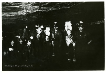 Group portrait of miners and horses inside a mine. 'Dr. Parkinson said a copy of this picture appeared in Natural Geographic's Pictorical Study of Appalachia.'