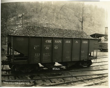 Chesepeake and Ohio railroad car filled with stove coal.