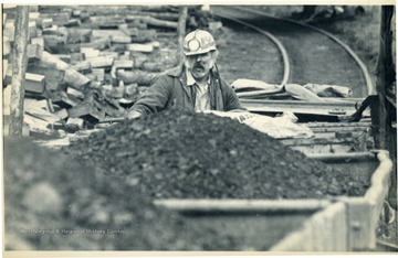 'Coal miner, Herbert Presley, looks over a load of coal that he brought out of the Flat Gap mine near Norton Virginia, Thursday. Presley, along with 160,000 national UMW members walked off the job at 12:01 Friday morning. (AP Laserphoto) (sh60500stf-sh) 81 SLUG VIRGINIA MINES.'