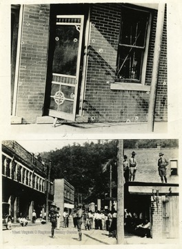 Circles show the bullet scars. Bottom picture shows police in the streets after the massacre.