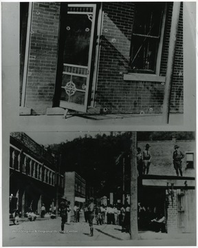 Circles show the bullet scars. Bottom picture shows police in the streets after the massacre.