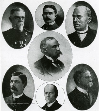 'From left to right, top to bottom: General John M. Wilson, U.S. Army, Thomas H. Watkins, Pennsylvania, Bishop John L. Spalding, Illinois, Judge George Gray, Delaware, Grand Chief E.E. Clark, Chief of the Brotherhood of Railway Trainmen, E. W. Parker, chosen an expert mining engineer, and Carroll D. Wright, Chief of U.S. Bureau of Labor.'