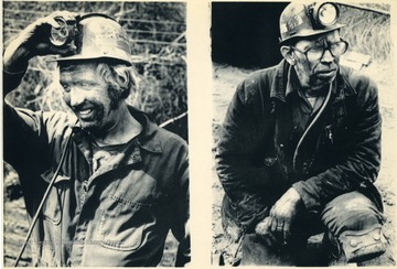 'Stotesbury, West Virginia, March 26--Miners out--Walking off the job after working their last shift are coal miners John Hosey (left) and Billy Rock (right) at the #8 mine belonging to Slab Fork Coal Company. Thursday marks the last day miners will work until a new United Mine Workers of America contract is negotiated. (AP Laserphoto )(James Samsell/str51930jls)1981.'