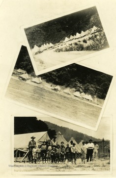 Top photo show tent colonies from a distance.  Bottom photo shows a group of children stand with miners for a picture. 