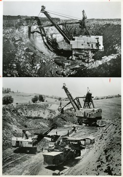 'The nature of Hanna Coal's surface mining operations is illustrated here. Among the company's seven strip shovels for removing the overburden and uncovering the 52-inch vein of coal, are four giants weighing in the neighborhood of 1,800 tons each, equipped with booms up to 120 feet long, and with scoops having a capacity up to 50 cubic yards. Each of these large shovels can move enough stone and earth per year to cover a football field more than a mile high.'