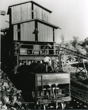 Man stands atop coal loaded in a railroad gondola as it is loaded at a tipple. W. Va. Industry and Pub. Comm.