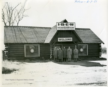 Five men in front of I.B.E.W. Headquarters.  'Left to right: Jerry Gray, Asst. Bus-Mgr-IBEW Local 1141-Okla City; Oscar Pennington, Fin-Sec'y-Local 1141, Okla City; Raymond Duke, Bus-Manager, IBEW Local 1141-Okla City; Forrest Conlley, Int'l-Rep-IBEW, 7th Dist-Fortworth, Tex.; Me-Gumpo;  All these guys cooperating with me nicely and helping every way they can - but which due to them having their own work full time for their own local union cant do very much with me, except let me use their office anyway I want to, hold my mail for me from the Washington office, put me in touch with places I need to know, and how to find certain places and people, etc, etc-all of which helps a lot.  Duke and his wife did an awful lot of work for me helping out on my Open House Deal - buying the groceries and making the coffee and serving the people as they came in.  I appreciate it a lots.'