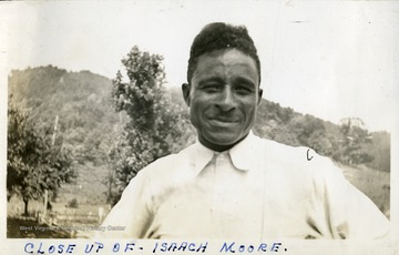 Close up of Isaach Moore. Photograph from Joe Ozanic scrapbook.  Photograph from Joe Ozanic scrapbook.