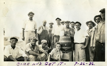 Volunteer workers at Miners Cemetary, Mt. Olive, Ill. 'Summer 1936, Members, PMWA L.U. - Volunteers working in Mt. Olive Miners Cemetary on Mother Jones Martyrs Memorial Project.' 