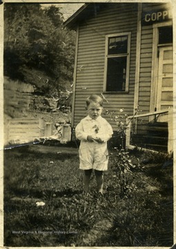 Small boy standing beside a plant outside of a building. 