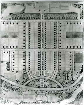 Drawing of Agricultural Industrial Project showing homesteads, school, shopping centers, and industrial plants.