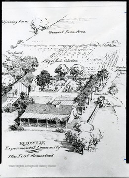 Artists sketch of the Reedsville Experimental Community, The First Homestead.