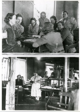 In the top photo: Hattie Sypolt, Lora McNair, Mae Martin, Ruth Bucklew, Rosie Mayor, Ann Houghton, and Ruth Hallen are talking in the Weaving Room.  In the bottom photo; Rosie Mayor is standing in the Weaving Room reading. 