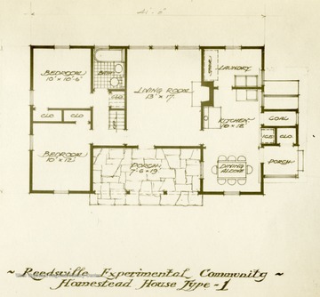 Architectural plan for house type 1 to be built at Resettlement Project at Arthurdale (near Reedsville.)  This kind of house was known as a "Hodgson" home.