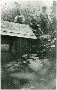 Three boys stand above a wooden building at Arthurdale.