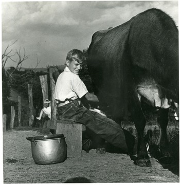 Young boy smiles while milking a cow. 'A print from the Franklin D. Roosevelt Library Collection. This print is furnished for your file and must not be reproduced without the owner's permission. Owner: Womans Day Magazine. Album 359 FSA-Arthurdale, W. Va.'