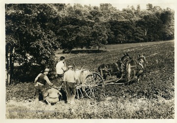 Homesteaders adjust the sprayer on a horse drawn cart in the field.