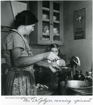 Child watches while mother cans. Information on the back of the photograph, 'Album 359, FSA - Arthurdale, W. Va. A print for the FDR Library Collection. This print is furnished for your file and must not be reproduced without the permission of the owner.'