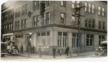 First National Bank of Bluefield, W.Va. in downtown Bluefield.  View of the corner of the street where bank is located.