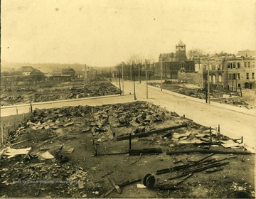 View of Beckley after the great fire of April 13, 1912 that destroyed much of the city west of the courthouse.  'Copyrighted 1955, All Rights Reserved By Harlow Warren, 320 North Kanawha Street, Beckley, W. Va..'