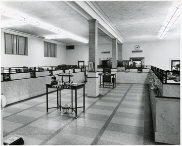 Interior view of the lobby of the First National Bank of Bluefield, W. Va. on Princeton Avenue and Federal Street.