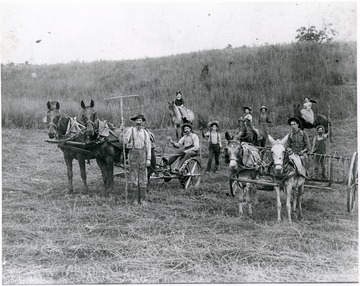 Men and women on horses and plows take a break for a picture in the hayfields.