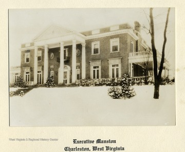 A postcard of the Executive Mansion in Charleston, West Virginia, taken on a snowy winter day.