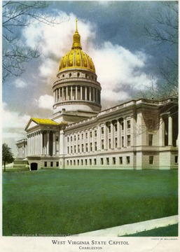 'Facts about West Virginia's Capitol Building. Cass Gilbert, Architect, describes the Capitol Building as follows: 'The building is classic in style and what might be correctly termed as Renaissance, the Architectural Forms are Roman with the single exception of the Doric Vestibule at the ground floor on the river side of the building. The Porticos and Colonnades of the exterior are distinctly Roman, the main portion being of Roman Corinthian order, which was of course, indirectly derived from the Greek precedent and the other Porticos or Colonnades are of a modified Roman Doric type. The exterior of the Dome closely follows the Roman precedent, although i know of none as high in proportion among Roman examples. The Bell of the Dome, which is metal, was studied from certain Renaissance domes in Europe, of which there are a great number.' 'The Capitol Building is located on the north bank of the Great Kanawha River. Completed-February, 1932. Cost-$9,491,180.03. Occupies 16 acres of ground. Office Space-333 rooms. Legislative Chambers-Second floor, main unit. Supreme Court-Third floor, east unit. Floor Space-535,000 square feet. Cube of the Building- 10,300,000 cubic feet. Outside of Building-Indiana buff limestone, 314,000 cubic feet or over 700 carloads. Interior-Imperial Danby Vermont marble. Dome-300 fett high, covered with 22.5 carat gold leaf and beautifully illuminated at night. Chandelier in Dome-Weight 4,000 pounds, 15,000 candle power, 180 feet above floor, gold chain 54 feet long. Rug in Governer's Reception Room- Weight, 1,809 pounds, one piece, 26 X 60 feet. Chandeliers in House of Representatives and Senate Chambers-10,000 separate pieces of rock crystal. Columns in Foyers-Weight 34 tons each, solid marble. Columns in Porticos-86 tons each. Bronze Doors on Porticos- Weight 2,800 pounds each. Floors-Italian Travertine. Matthew M. Neely, Governor.'