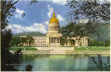 'Facts about West Virginia's Capitol Building. Cass Gilbert, Architect, describes the Capitol Building as follows: 'The building is classic in style and what might be correctly termed as Renaissance, the Architectural Forms are Roman with the single exception of the Doric Vestibule at the ground floor on the river side of the building. The Porticos and Colonnades of the exterior are distinctly Roman, the main portion being of Roman Corinthian order, which was of course, indirectly derived from the Greek precedent and the other Porticos or Colonnades are of a modified Roman Doric type. The exterior of the Dome closely follows the Roman precedent, although i know of none as high in proportion among Roman examples. The Bell of the Dome, which is metal, was studied from certain Renaissance domes in Europe, of which there are a great number.' 'The Capitol Building is located on the north bank of the Great Kanawha River. Completed-February, 1932. Cost-$9,491,180.03. Occupies 16 acres of ground. Office Space-333 rooms. Legislative Chambers-Second floor, main unit. Supreme Court-Third floor, east unit. Floor Space-535,000 square feet. Cube of the Building- 10,300,000 cubic feet. Outside of Building-Indiana buff limestone, 314,000 cubic feet or over 700 carloads. Interior-Imperial Danby Vermont marble. Dome-300 feet high, covered with 22.5 carat gold leaf and beautifully illuminated at night. Chandelier in Dome-Weight 4,000 pounds, 15,000 candle power, 180 feet above floor, gold chain 54 feet long. Rug in Governer's Reception Room- Weight, 1,809 pounds, one piece, 26 X 60 feet. Chandeliers in House of Representatives and Senate Chambers-10,000 separate pieces of rock crystal. Columns in Foyers-Weight 34 tons each, solid marble. Columns in Porticos-86 tons each. Bronze Doors on Porticos- Weight 2,800 pounds each. Floors-Italian Travertine. Matthew M. Neely, Governor.'