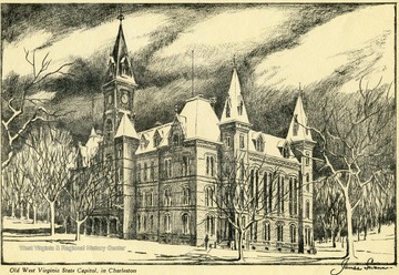 Drawing of State Capitoal building.  'This Capitol Building, later destroyed by fire, was used from May 1, 1885 to January 3, 1921.'