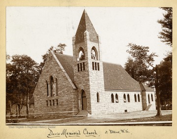 View of the stone Davis Memorial Church building in Elkins, Randolph County, West Virginia.