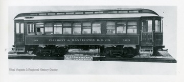 View of trolley car 103 of the Fairmont and Mannington R.R. Co. in Fairmont, West Virginia.