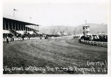 Postcard of horse racing at a race track in Fairmont, West Virginia.