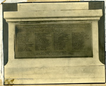 Plaque dedicated to the men of Marion County who were killed during World War I. The Memorial was placed here by the William Haymond Chapter Daughters of the American Revolution on Memorial Day, May 30, 1921. 