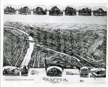 A map of Grafton, County Seat of Taylor County by T. M. Fowler. The map includes Tygarts Valley River and Three Fork Creek as well as the Court House, Schools, Churches, Central Hotel, Shackelford Son and Co. Planing Mill, Crystal Ice Co., and National Cemetery.