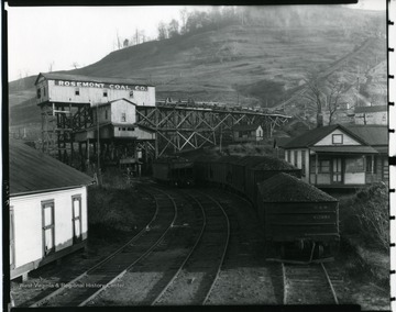 Several filled coal cars at the Rosemont Coal Company tipple near Flemington, West Virginia.