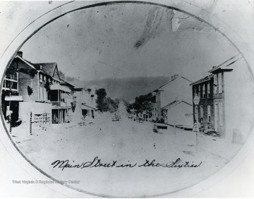 Wood frame houses line the Main Street in Grafton W. Va. during the 1860s.