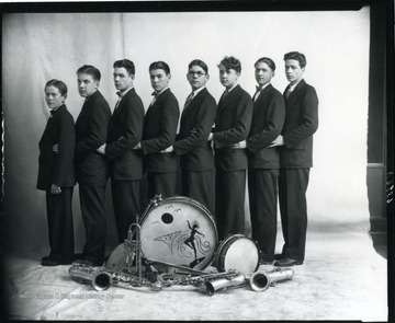 Members of an unidentified band in Grafton, West Virginia, pose for a portrait with their instruments. 