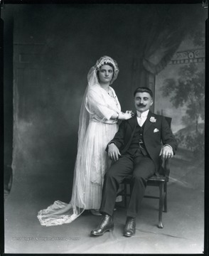 Portrait of a bride standing beside her seated groom.