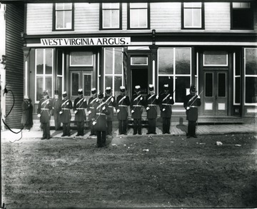 Soldiers standing in front of the West Virginia Argus building in Grafton, West Virginia.