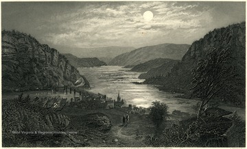 Engraving of Harpers Ferry by moonlight.  Entered according to Act of Congress A.D. 1874 by D. Appleton and Coin the Office of the Librarian of Congress, Washington.