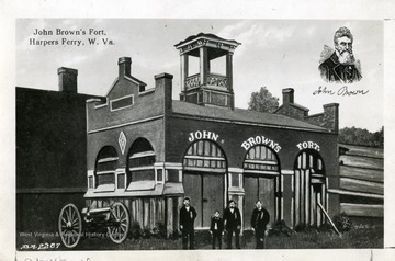 'A postcard view of the Fire Engine House used as fort by John Brown, Harpers Ferry; No objection to reproducing or publishing this picture provided credit line 'Photo by U.S. Army Signal Corps' appears on the photograph or page. Permission must be obtained from the War Department if it is desired for use in commerical advertising.'