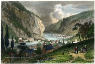 Color lithograph of people on a hillside overlooking Harpers Ferry, W. Va.  'Drawn after Nature. For the Proprietor Hermann J. Meyer.
