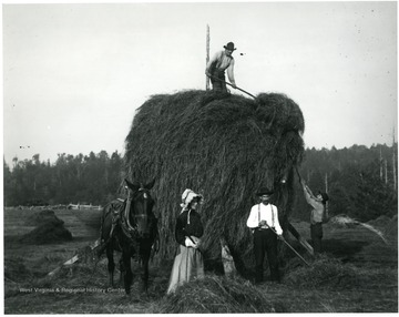 Henrietta and Ernest Hofer and others working in the field.  A horse is standing beside the pile.  Helvetia, W. Va.