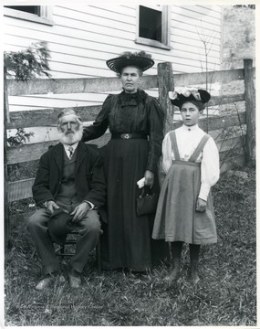 'Helvetia bei der church.' Reverend Christian H. Schoepfle, minister of the Helvetia Church (1906-1908), the woman is likely his wife, Mary and young girl is possible their granddaughter.
