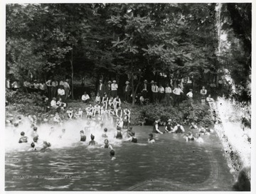 A large group gathered at a swimming hole. Some of them are enjoying themselves while swimming and others are enjoying each other's company while standing in the woods or sitting along the bank of the water.
